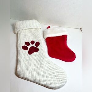 BUNDLE - (1) WHITE KNIT CHRISTMAS STOCKING W/RED PAW PRINT/(1) MINI RED STOCKING